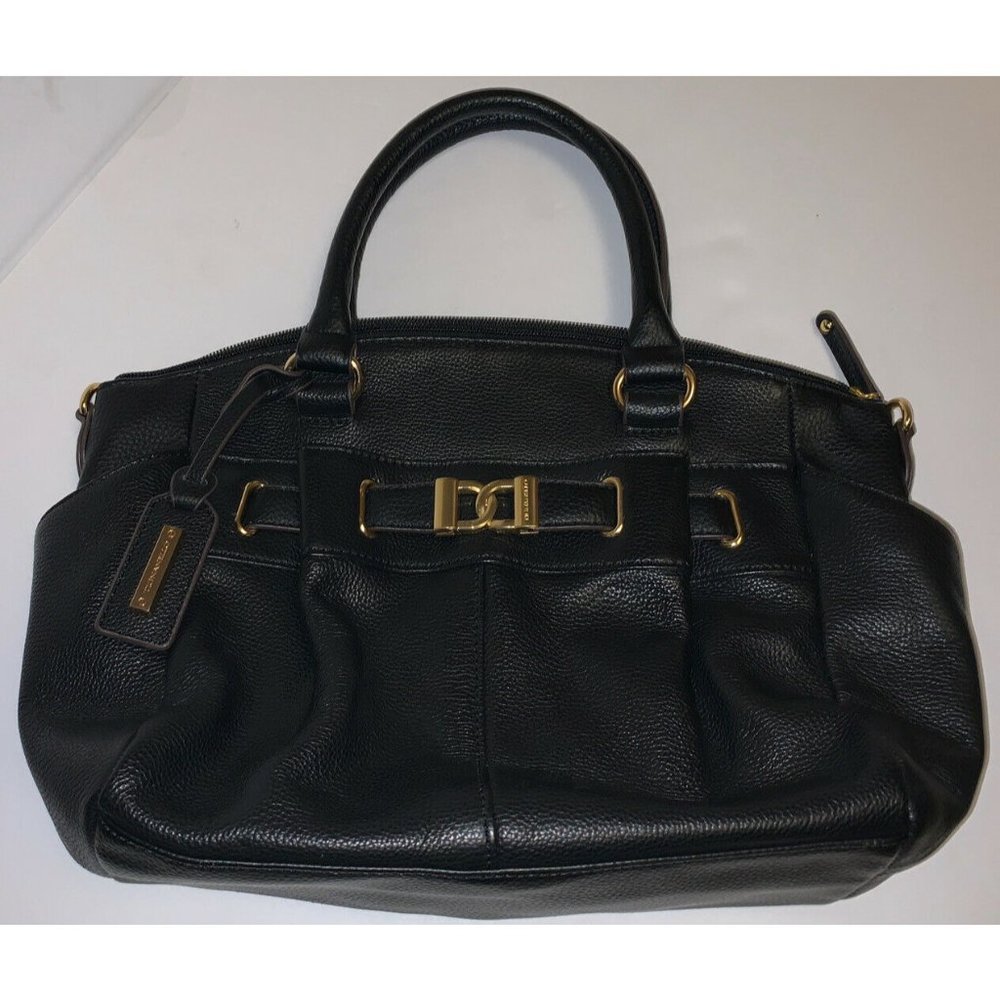 TIGANELLO BLACK PEBBLED LEATHER HANDBAG Goldtone Metal Accents Medium Sz…
